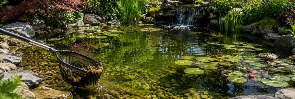 A pond with algae, a skimming net for cleaning, water lilies, and a small waterfall in the garden.