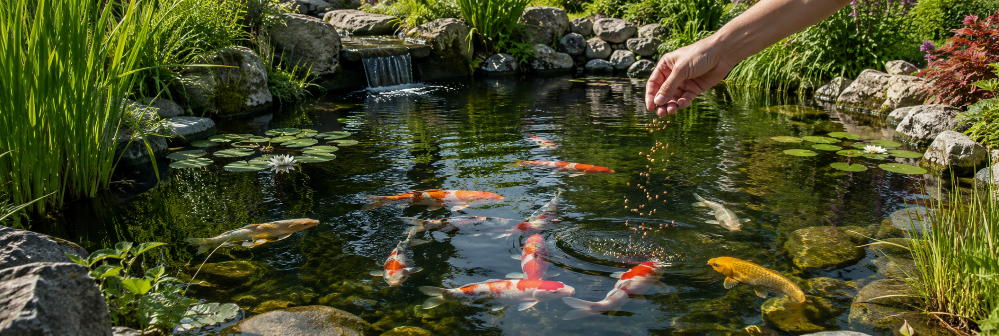 Ozdobne ryby koi pływające w czystym oczku wodnym otoczonym roślinami wodnymi, kamieniami i liliami wodnymi, karmione z ręki.