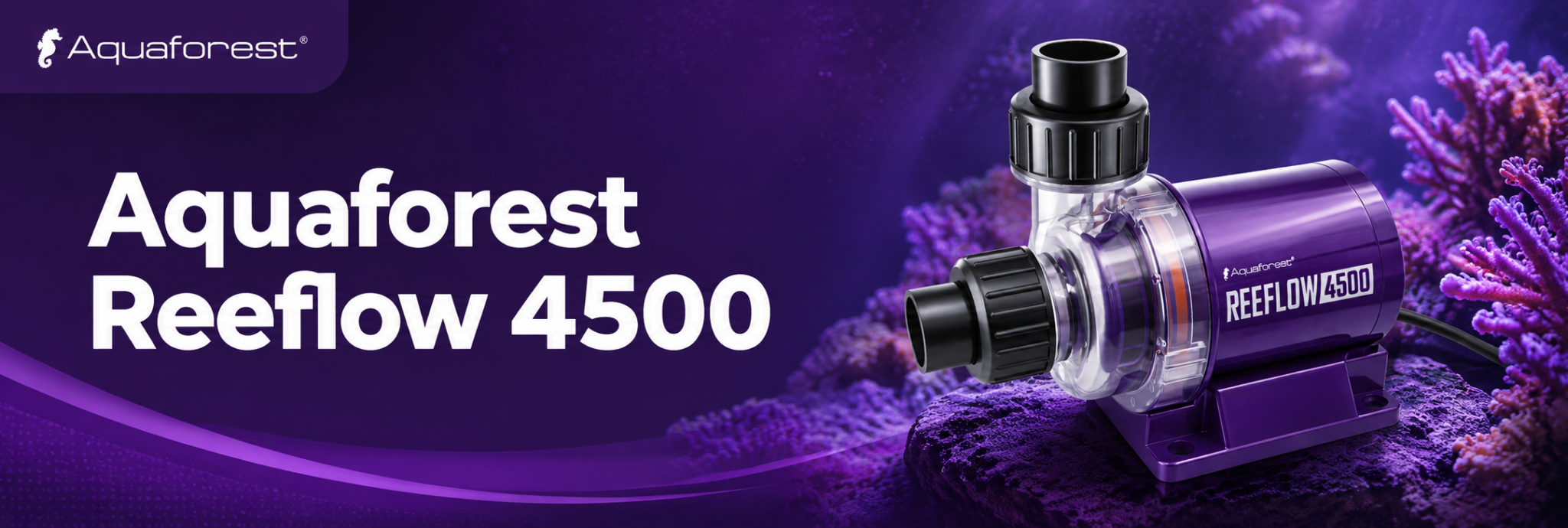 Aquaforest Reeflow 4500 – fioletowa pompa obiegowa do akwarium morskiego na tle rafy koralowej