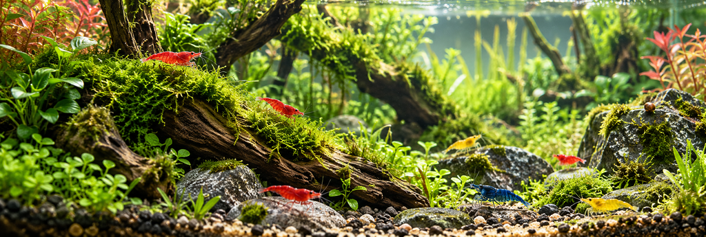 Krewetkarium z kolorowymi krewetkami akwariowymi, bujną roślinnością, mchami, korzeniami i kamieniami pokrytymi mchem.