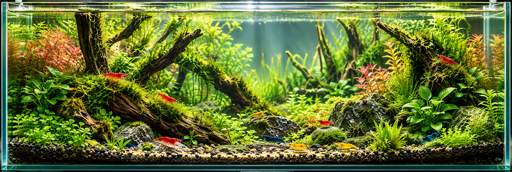 Panoramiczne krewetkarium z kolorowymi krewetkami akwariowymi, bujną roślinnością, mchami, korzeniami i kamieniami na naturalnym podłożu.