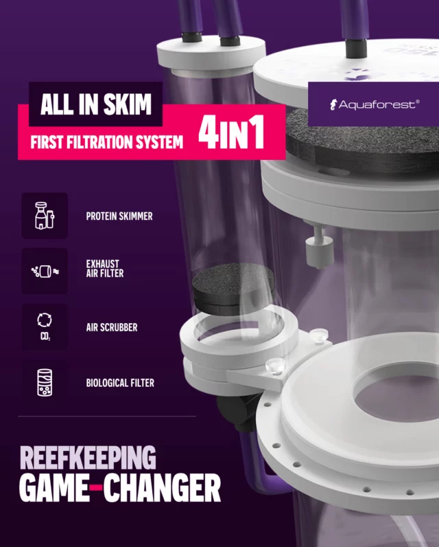 All-in Skim is a complete 4-in-1 filtration system that makes reefkeeping a lot simpler.

It combines a protein skimmer, air filter, CO₂ scrubber, and biological filtration to keep pH stable, remove nutrients efficiently, and maintain clear, healthy water. The compact design saves space in your sump, and it runs quietly while using less energy.

Less gear, less hassle, more time to just enjoy your reef! 💜